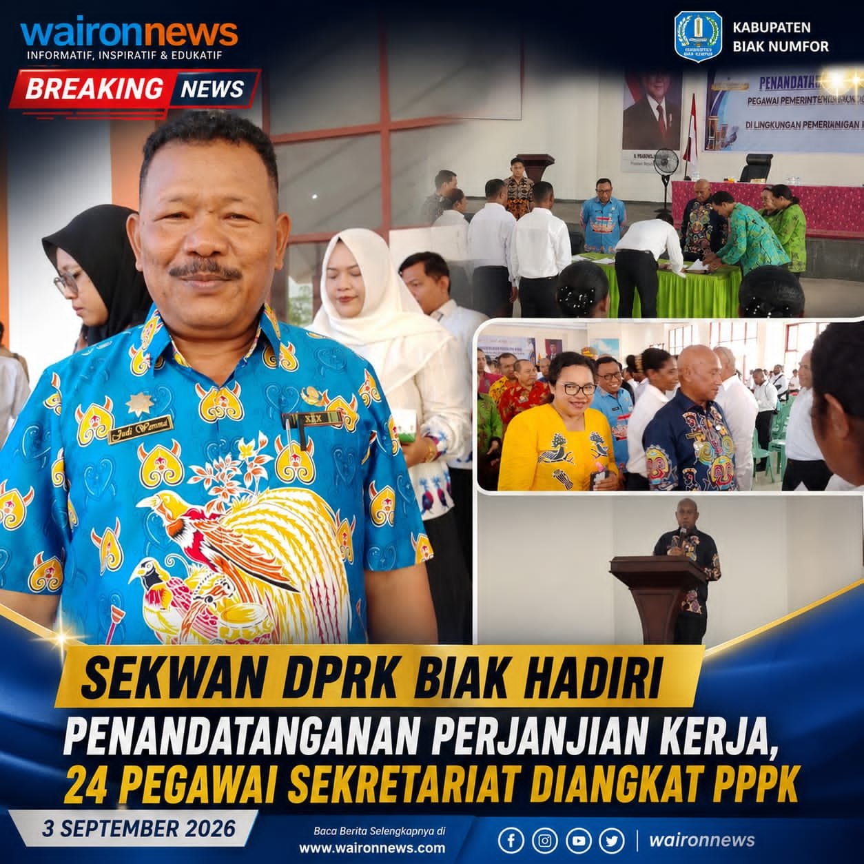 Sekwan DPRK Biak Hadiri Penandatanganan Perjanjian Kerja, 24 Pegawai Sekretariat Diangkat PPPK